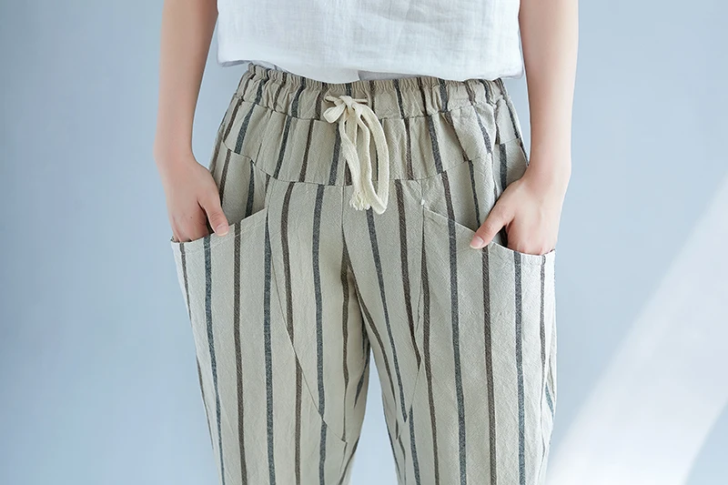 2019 Summer Cotton Linen Harem Pants Trousers Women Pockets Casual Drawstring Elastic High Waist Pants Vintage Pantalon Femme   11