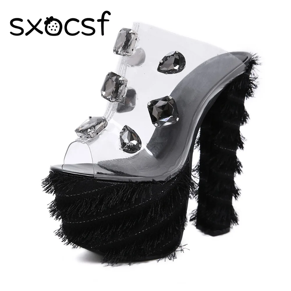 

New 16cm Women Super High Heels Platform Slippers Shoes Female Wedge Summer Slides Sexy Transparent Crystal Party Club Shoes
