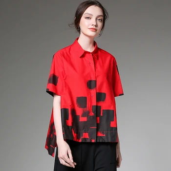 

Cotton Top Blouses Plus Size Summer 2019 new woman short sleeve red print loose blouses&shirts lady fashion casual tops clothing