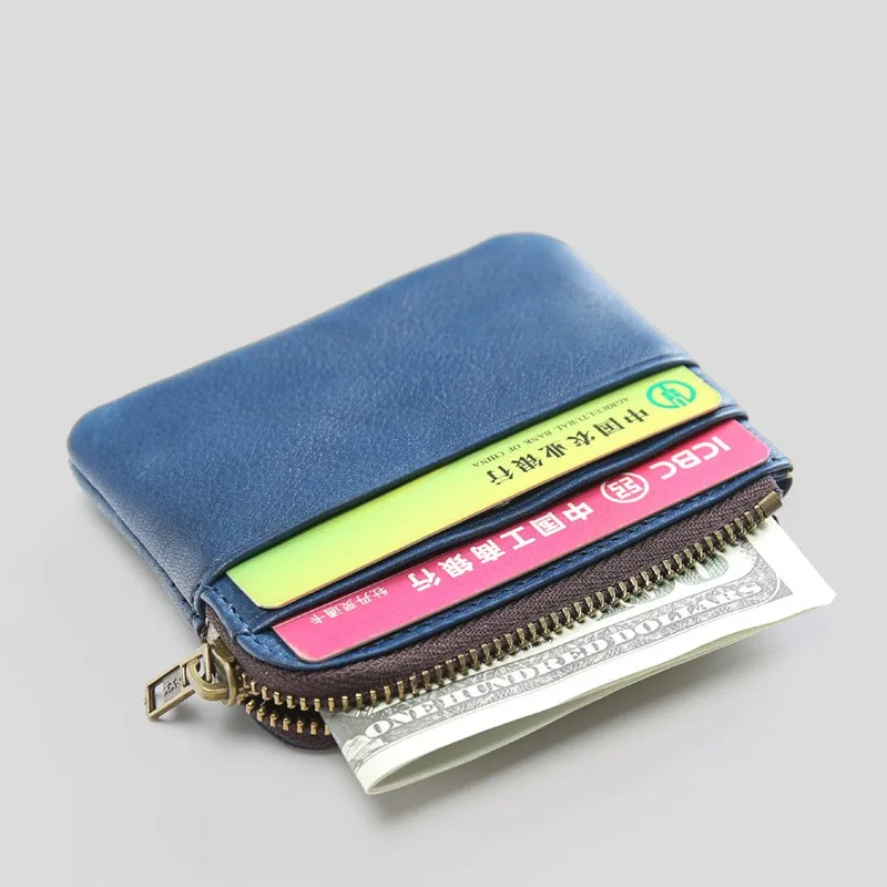 Мужской кошелек из натуральной кожи, короткий маленький мини-кошелек на молнии, передний Карманный с отделениями для карт, винтажный Чехол - Цвет: Blue