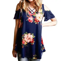 Лето 2018 элегантный с цветочным принтом рубашки Sexy Для женщин свободные короткие открытыми плечами Блузки Топы V шеи Скрещенные Винтаж