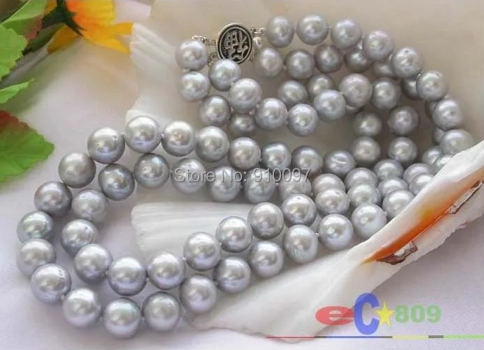 

free shipping >>>2ROW 11mm GRAY ROUND FRESHWATER PEARL NECKLACE 925 SILVER