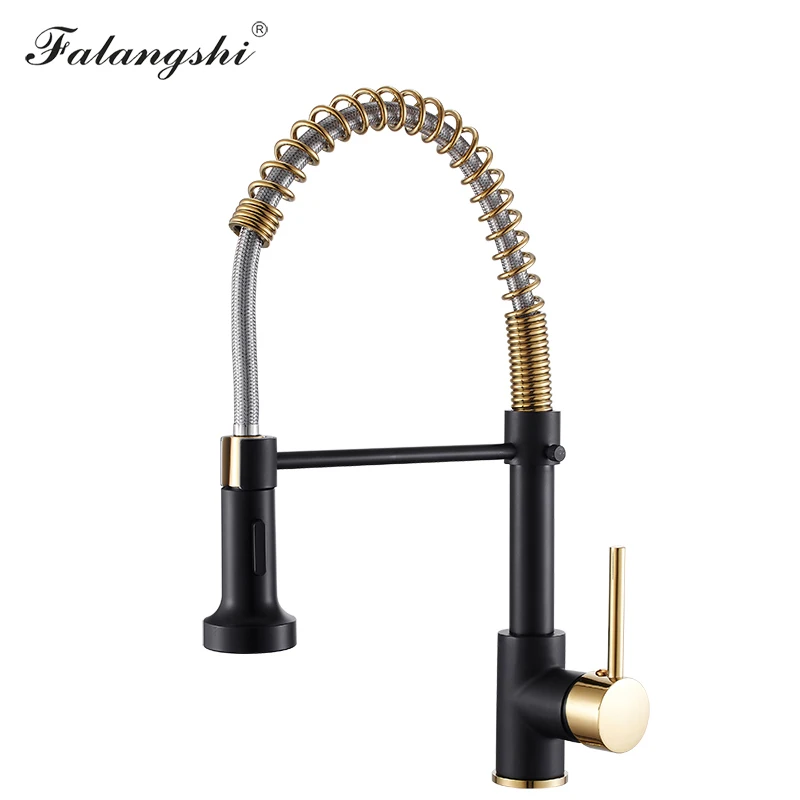 New Kitchen Pull Down Faucets Multi Colors Hot And Cold Deck Mounted Single Handle Dual Water Outlet Kitchen Mixer Taps WB1227 - Color: Black and Golden