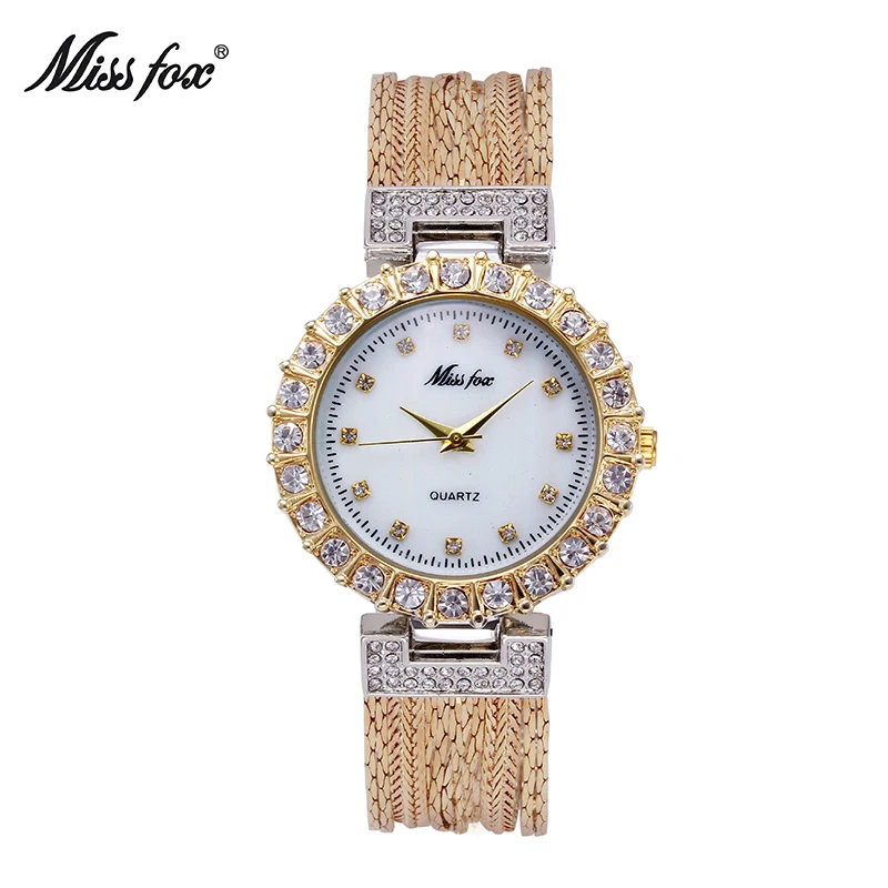 Miss Fox Gold Watch Fashion Brand Rhinestone Water Resistant Steel Mesh Sobretudo Feminino Japan Quartz Movement Women Watches