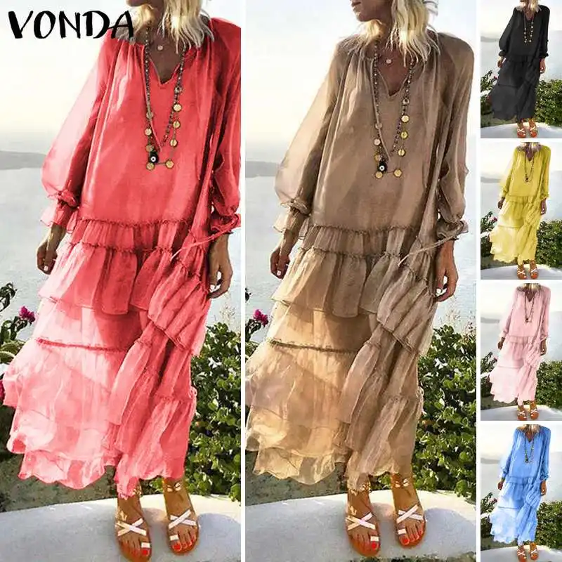

VONDA 2019 Bohemian Summer Women Long Maxi Dress Sexy V Neck Beach Vestido Transparent Casual Vintage Layered Dress Plus Size