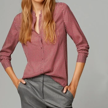 Fun Orange New Fashion Ladies elegant red leaves print blouses vintage stand collar long sleeve OL shirts casual slim brand tops