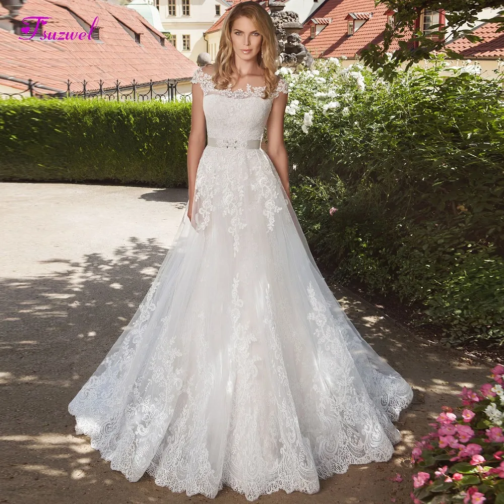 

Fsuzwel New Arrival Sexy Scoop Neck Appliques Mermaid Wedding Dress 2020 Cap Sleeve Beaded Sashes Trumpet Bridal Gown Plus Size