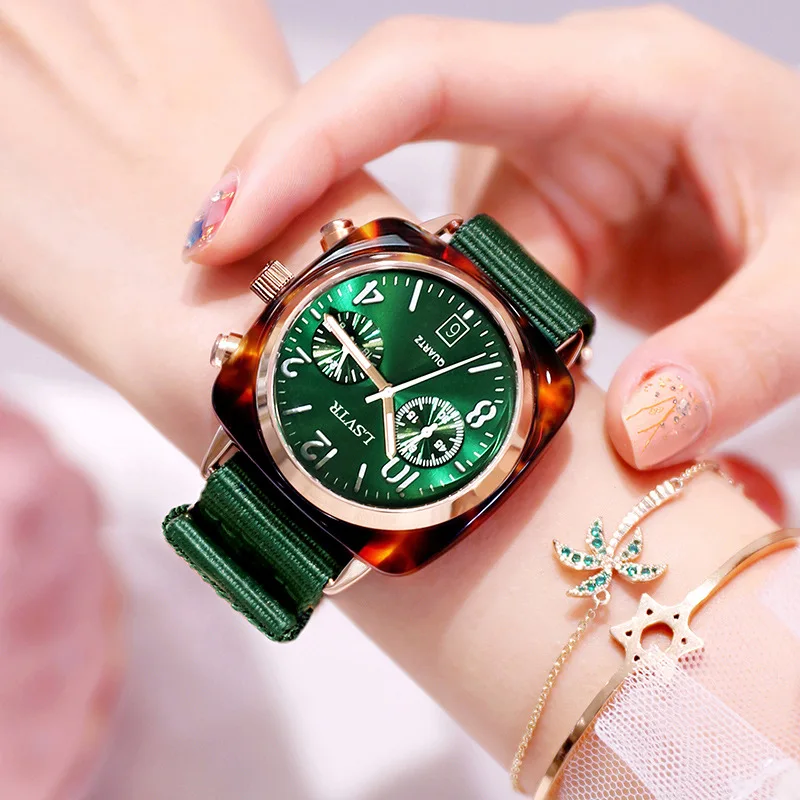 

Square Women Dress Watches Luxury Rose Gold Metal Case Quartz Watch Fashion Casual Green Nylon Strap Female Clock reloj mujer