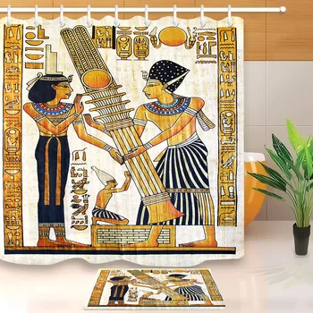 

LB Beautiful Egyptian Papyrus with Ceremonial Ornament Shower Curtain With Mat Set Bathroom Waterproof Fabric For Bathtub Decor