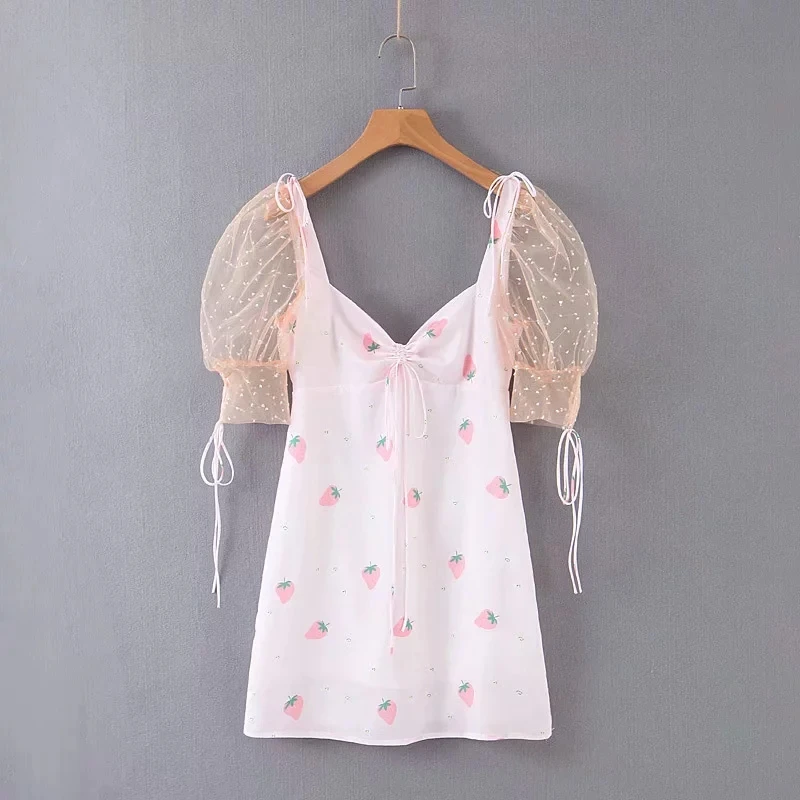 

French mesh sweet dress short sleeve strawberry print embroidery dresses female