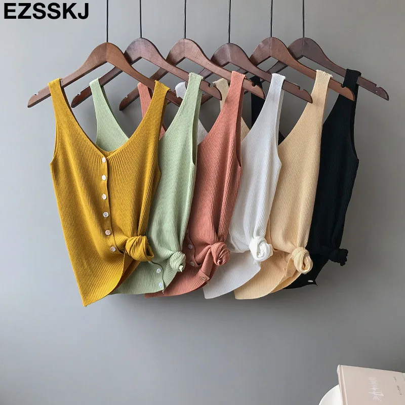 

2019 Summer Spring Harajuku Knit Tank Top Cami Korean Camisole Elastic Vest O Neck Solid Color New Loose Tops
