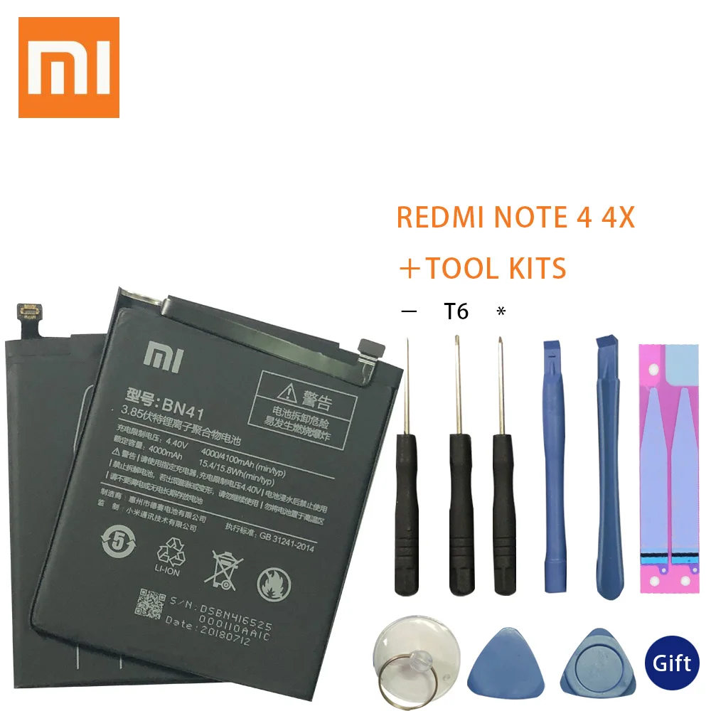 

Xiao Mi BN41 Battery For Xiaomi Redmi Hongmi Note 4 / Note 4X MTK Helio X20 4000mAh Original Mobile Phone Batteries+Tools