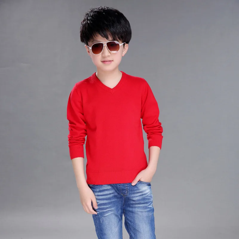 Осенне-зимний Детский свитер для мальчика, свитер, пуловеры для подростков, вязаный Однотонный свитер с длинными рукавами и v-образным вырезом для 4, 5, 6, 7, 8, 9, 10, 14 лет - Цвет: red