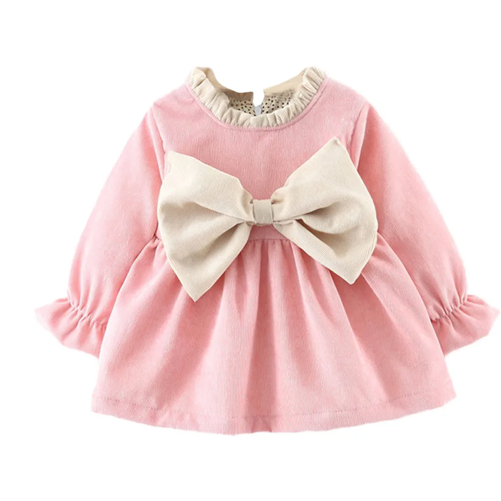 

Cute Newborn Baby Girls Winter Dress Print Bow Tie Princess Dress Warm Outfits Party Clothes girls dress princess costumes B