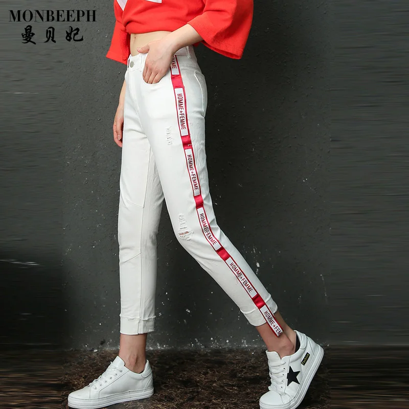 MONBEEPH 2017 brand Fashion Casual Designer Ankle Length Trousers Denim Pants hole Letter Ribbon Patchwork Capris