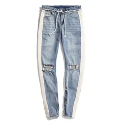 Мужские джинсы ретро рваные дизайн мужские джинсы дырочки тонкие модные хип-хоп боковые молнии узкие джинсы для мужчин