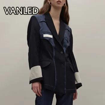 

2018 Autumn New V Neck BF Design Long Sleeve Spliced Spelling Color Casual Loose Women Jacket