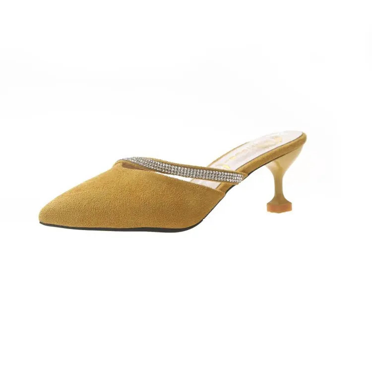 

Women Summer Mules Slippers High Heels Ladies Rivets Pointed Toe Strange Style Female Outside Shoes For Girls