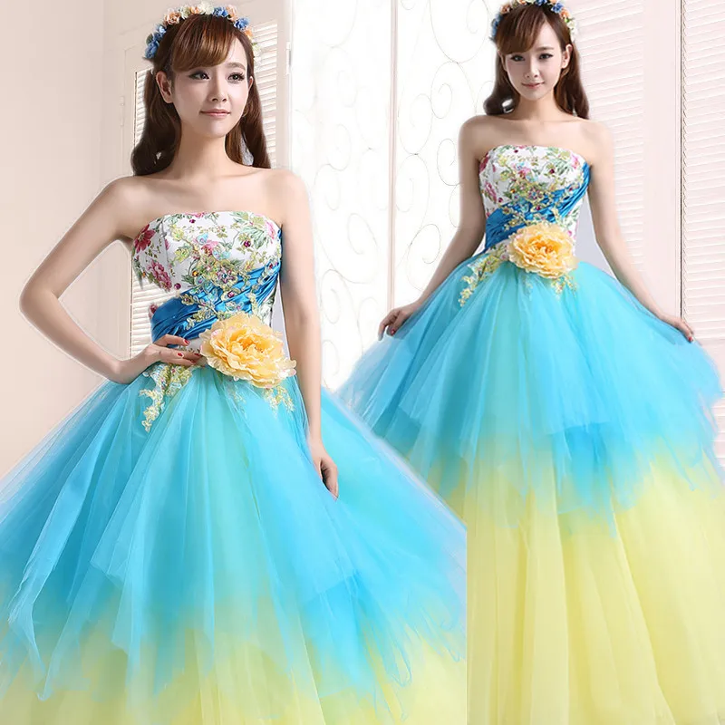 Blue and yellow flower embroidery Prom Dresses 2016 Tulle Sparkly