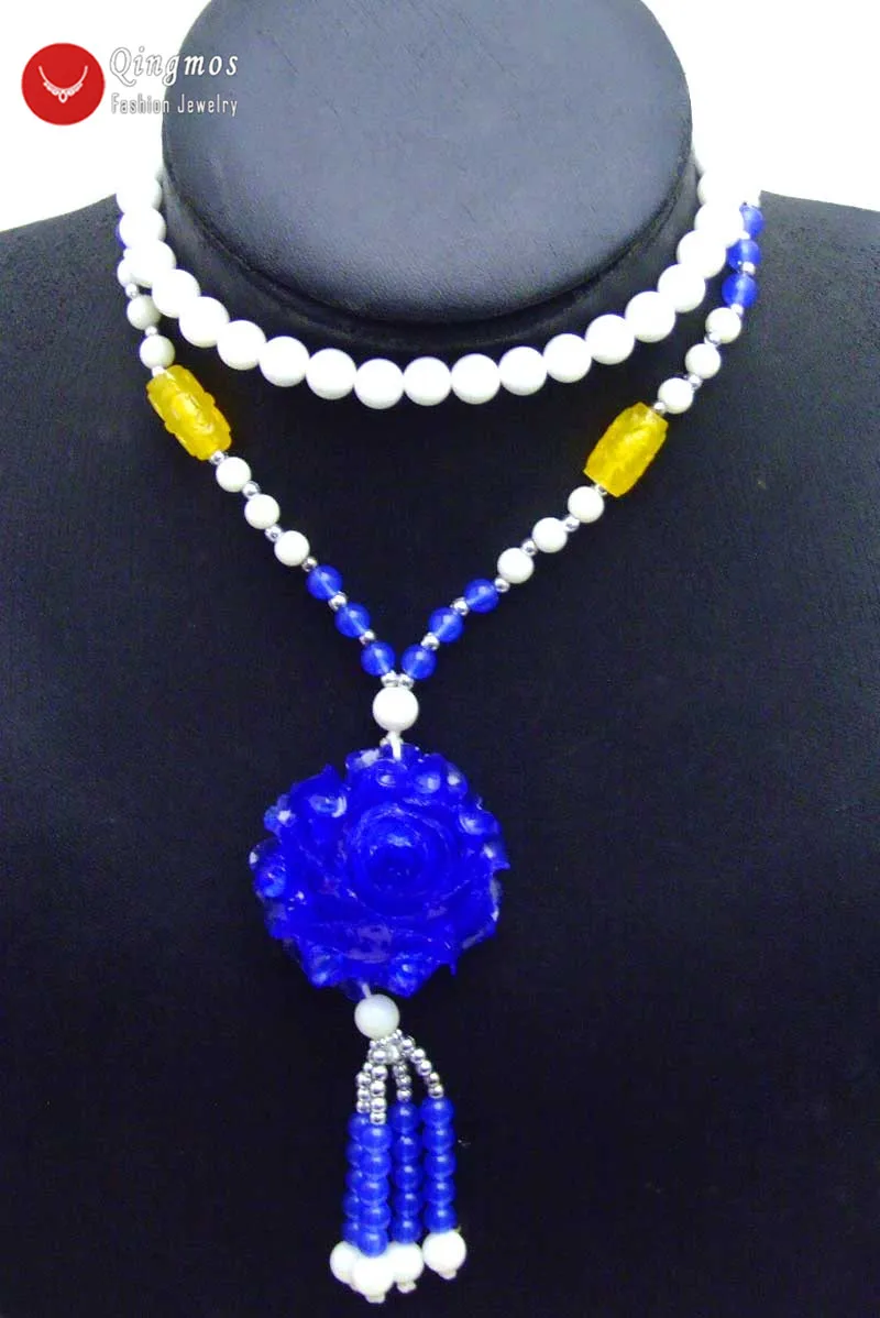 

Qingmos Blue Flower 40mm Pendant Necklace for Women with White Shell Giant Clam 26" Sweater Necklace Lady's Charm Jewelry n5878
