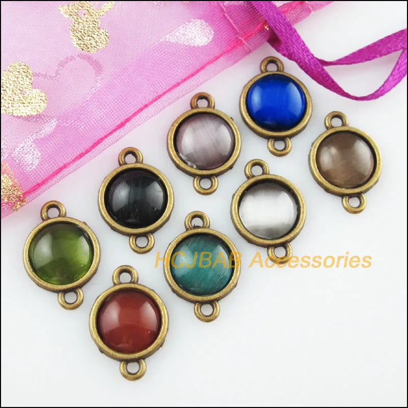 

8 New Round CatEye Stone Connectors Mixed Charms Antiqued Bronze Pendant 13x19mm