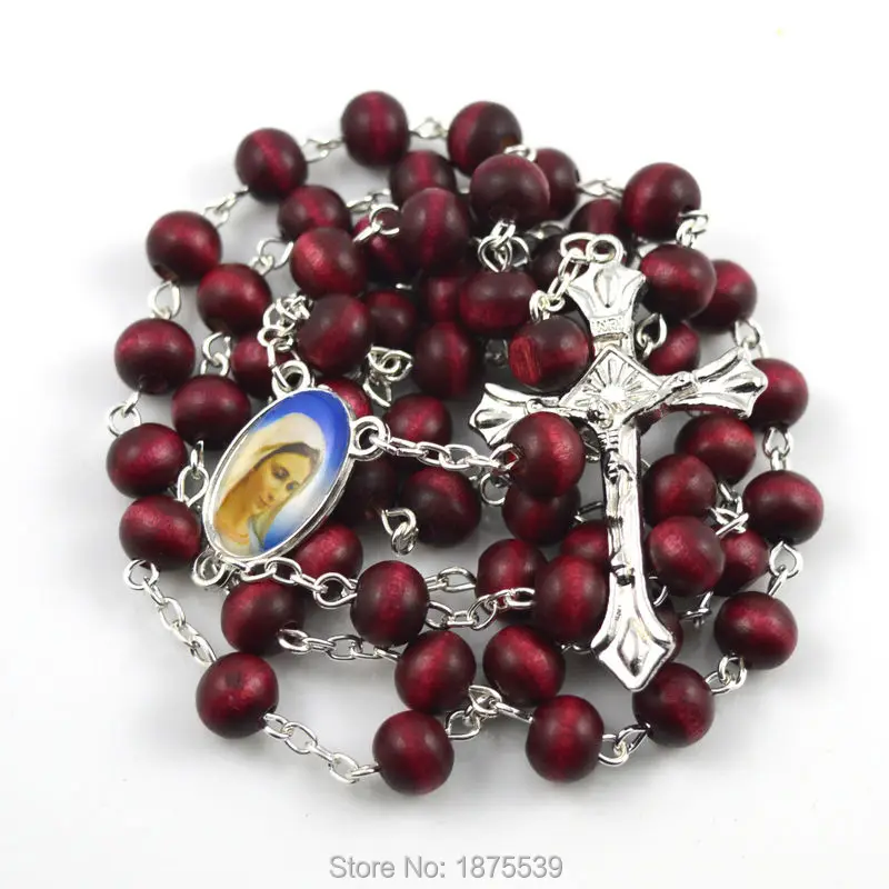 Fashion round bead rose scented wood bead catholic rosary necklace wiht