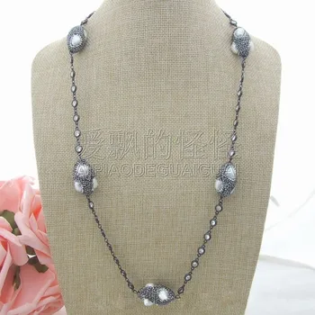 

N032601 28" White Pearl Trimmed Macarsite Crystal Chain Necklace