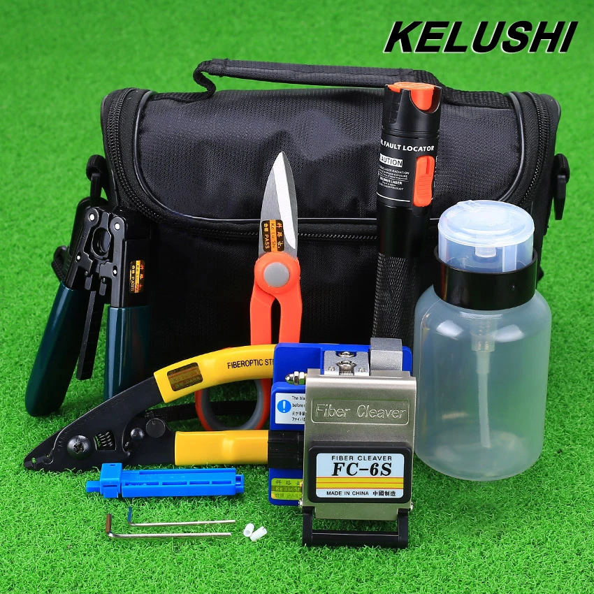 KELUSHI 15pcs set FTTH Fiber Optic Tool Kit with FC 6S Fiber Cleaver and 10mW Visual