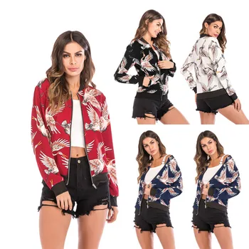 

2019 Women Casual Flying Crane Print Baseball Jacket Female Zipper Spring Coat Harajuku Outerwear Long Sleeve Bomber Jackets