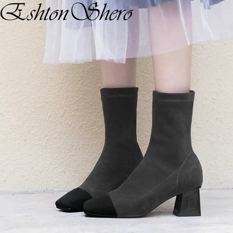 

EshtonShero Women Ankle Boots Winter Shoes Woman Hoof Med Heels Pointed Toe Black Slip On Ladies Motorcycle Sock Boot Size 34-40