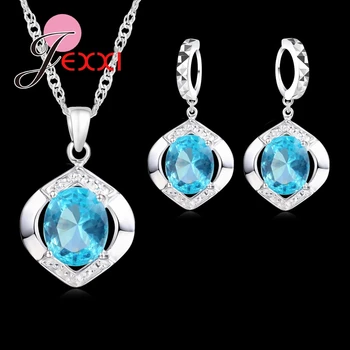 

Classic 925 Sterling Silver Top Grade AAA++ CZ Zircon Wedding Engagment Necklace+Earring Blue Jewelry Sets