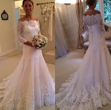 Free Shipping Fishtail Boat Neck Off The Shoulder Appliques Sweep Train Three Quarter Sleeve Wedding Dress Bridal Gown MF496