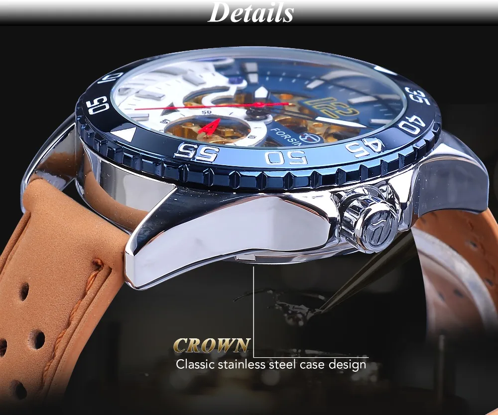 Forsining Роскошные автоматические мужские часы Креативный дизайн половина синий белый скелет 3D аналоговые натуральная кожа ремешок механические часы