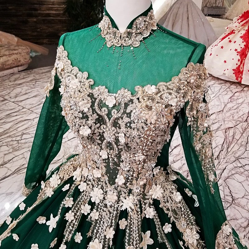 AXJFU/зеленое кружевное свадебное платье принцессы с бусинами и длинными рукавами; Роскошное винтажное свадебное платье с цветами индейки; настоящая фотография 321009