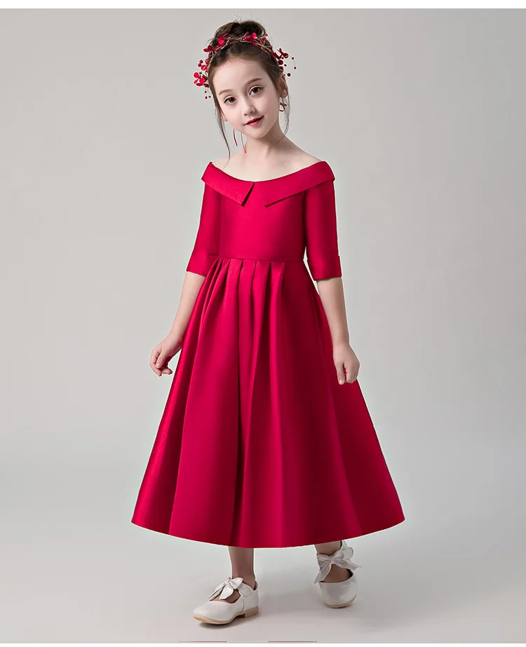 

Glizt Off Shoulder Flower Girl Dress for Wedding Red Satin Party Pageant Princess Sleeveless Floral Girl First Communion Dresses