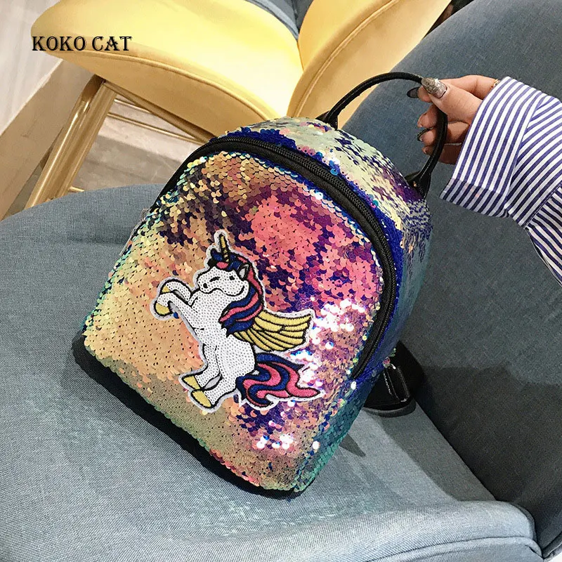 

2019 New Women Backpack Unicorn Fashion Lady Sequin Cartoon Mini Bags Silver Laser Backpack Women Girls School Shoulder Bag
