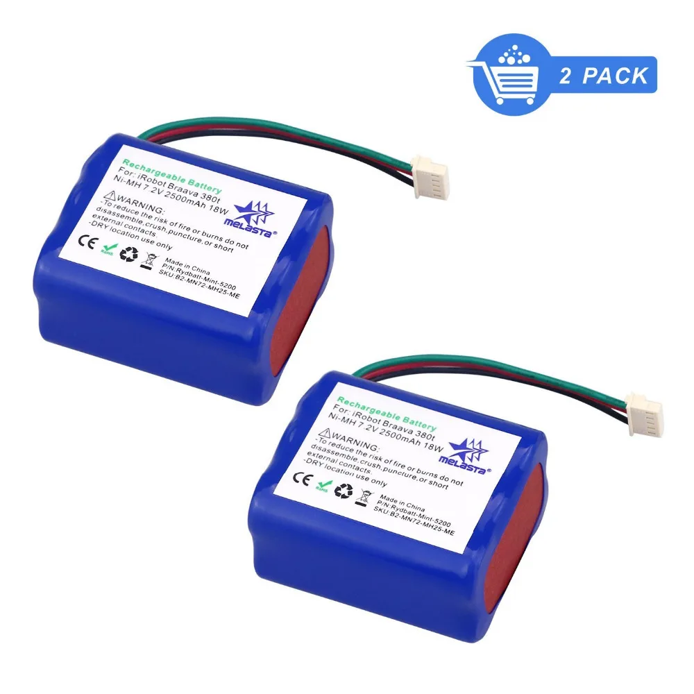 Melasta 2-Pack 7,2 V 2500mAh Ni-MH iRobot пылесос Замена батареи для салфетки для робота-пылесоса iRobot Braava 380380 T, Mint 5200, 5200B, 5200C