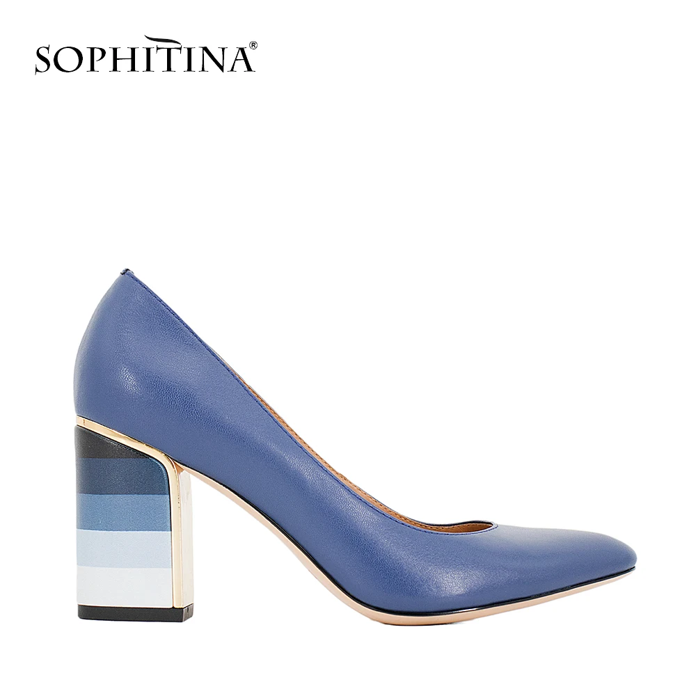 Meilleur SOPHITINA 2018 Offre Spéciale Pompes Coloré Carré Haute Talon Foncé Bleu en peau de Mouton de Haute Qualité Bout Rond Pompes Chaussures Élégantes Femmes W10