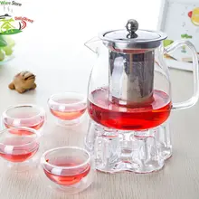 1х 6в1 кунг-фу кофейный чайный набор B-575ml стеклянный цветочный чайник с заваркой из нержавеющей стали+ хрустальный нагреватель+ 4* двухслойная чашка