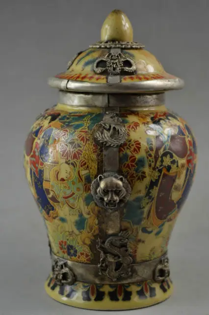 Elaborate Chinese Porcelain Drawing Dowager Copper Dragon Phoenix & Lion Storage Pot / Jar