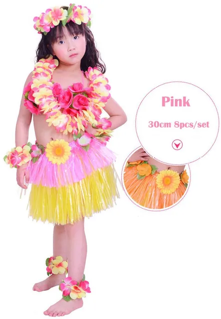 YUJUAN Hawaiian Hula Dancer Grass Skirt with Flowers Set 8Pc for Kids Girls