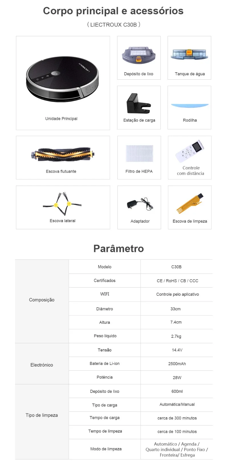 2019 Limpador Vácuo de Robô de Liectroux C30b, o Poder de Sucção de 3000pa, Navegação de Mapa em 2d, com Memória, Aplicativo de Wifi, Tanque de Água Elétrico, Motor sem Escova 32 Motor sem escova