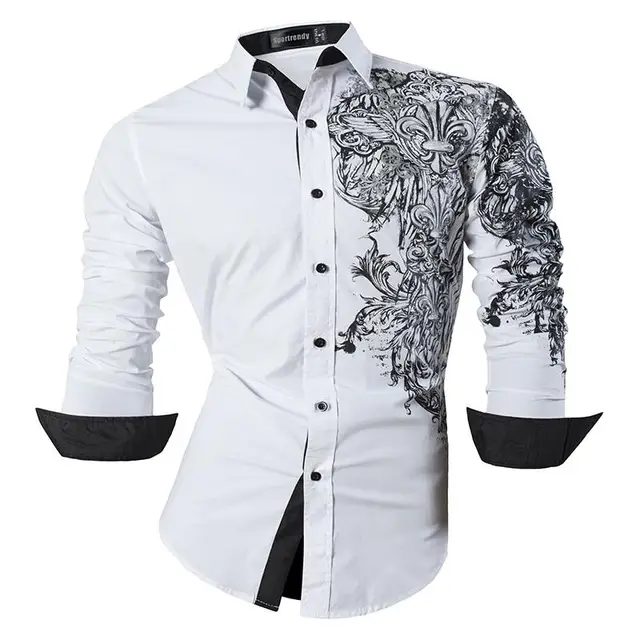 Sportrendy Men's Shirt Dress Casual Long Sleeve Slim Fit Fashion Dragon Stylish JZS041 JZS048-White