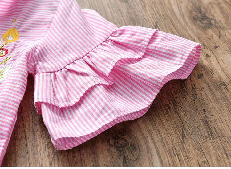 Коллекция года, модные летние рубашки для девочек детская блузка с расклешенными рукавами и вышивкой детская одежда в полоску с короткими рукавами