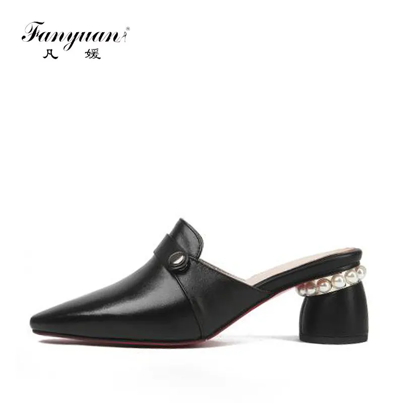 Fanyuan Mules Shoes Women Handmade Leather Slingback Loafers Shoes Woman Pumps Pearl Block Heels Slip On Heeled Shoes Female цена Fanyuan Mules Shoes Women Handmade Leather Slingback Loafers Shoes Woman Pumps Pearl Block Heels Slip On Heeled Shoes Female цены онлайн