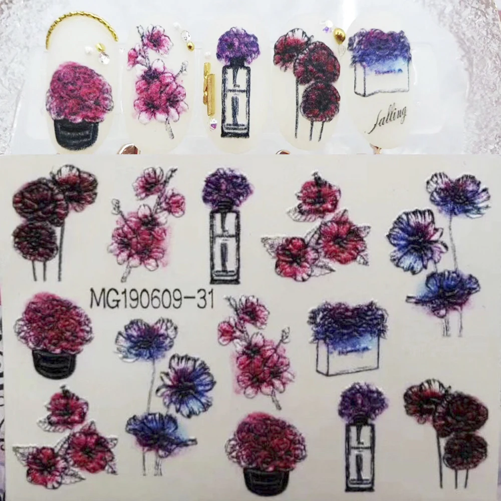1Sheet 3D DIY Nail Art Transfer Decals Stickers Flower Beauty Manicure Design Tool Acrylic Engraved Floral Nail Sticker