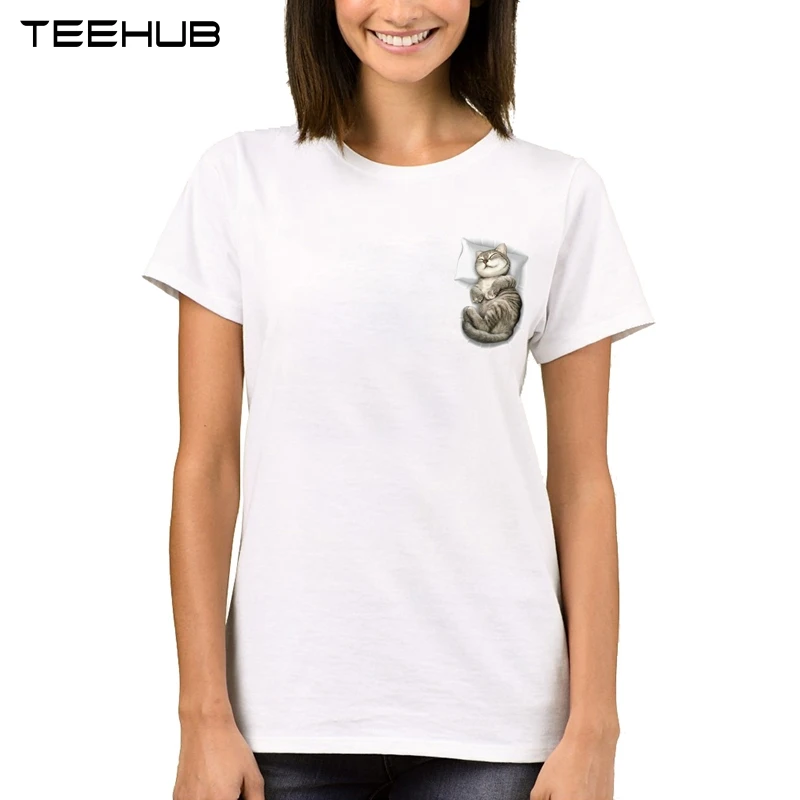 TEEHUB кошка спальный в кармане Для женщин футболки короткий рукав леди в виде букв и цифр модные 3D и принтом «кошка» топы, новинка, футболки