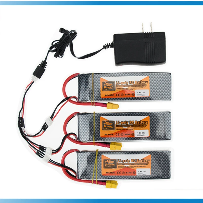 

2S lipo battery 7.4v 6000mAh 30C XT60 T For rc helicopter rc car boat quadcopter Li-Polymer battey 3pcs with charger set