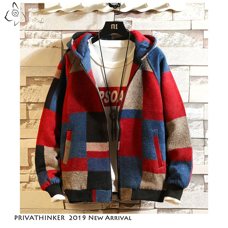 Vente Privathinker automne hommes Plaid jackors 2019 coréen homme laine manteaux chaud à capuche mâle décontracté à capuche veste grande taille manteaux