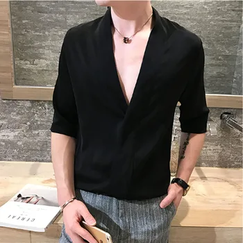 

Mens Sexy Shirt Deep V-Neck Summer Slim Fit Night Club Party Tops Solid Male Half-sleeve Big Size M-5XL
